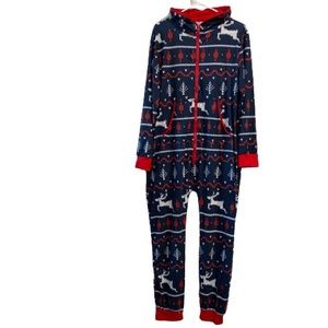Onesie Long John Pajamas Hooded Fill Zip Front Kangaroo Pocket Jogger Leg L